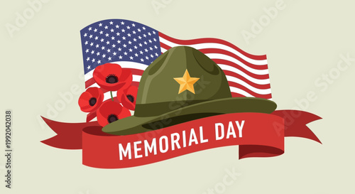 Memorial Day USA: Soldier's Hat, Poppies, and American Flag with Red Ribbon Banner