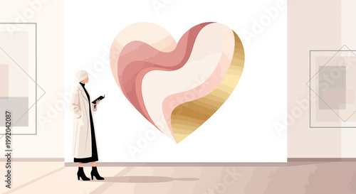 Woman Admiring Abstract Heart Art in Modern Art Gallery