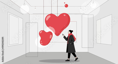 Woman admires large red heart art installation in minimalist gallery