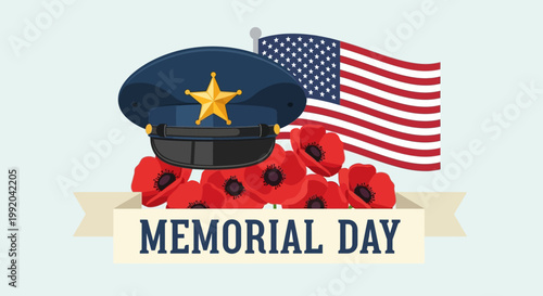 Memorial Day Wreath with US Flag, Police Hat, and Poppies - Honoring Heroes