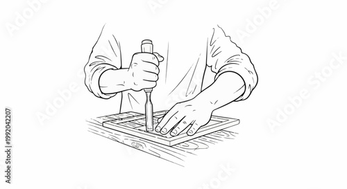 Person using a chisel on a wooden frame