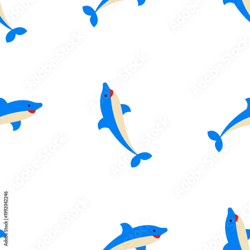Seamless pattern of blue dolphins swimming joyfully on an ocean day, isolated on transparent background