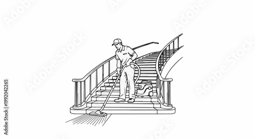 Person vacuums curved staircase with rails and a vacuum cleaner
