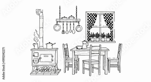 Rustic kitchen with wood stove, dining table, and window with plants