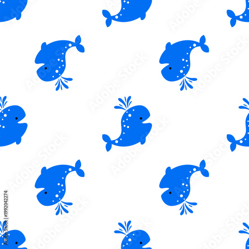Cute blue whales splashing water pattern isolated on transparent background for ocean day