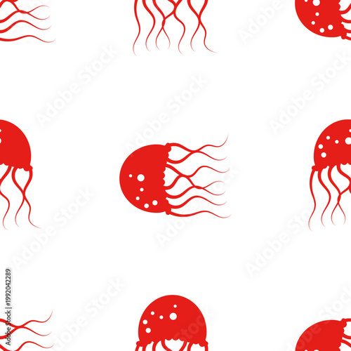 A seamless pattern of red jellyfish on an ocean day isolated on a transparent background