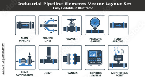 Pipeline system vector icons set, top view industrial layout symbols, main lines, valves, gauges, flow arrows, pump connections, CAD schematic