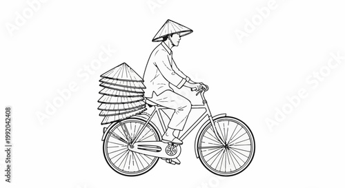 Person wearing conical hat rides bicycle stacked with hats