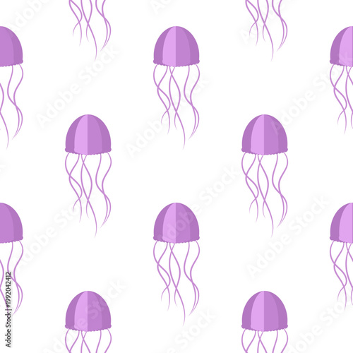 Seamless pattern of purple jellyfish floating on a transparent background for ocean day themes