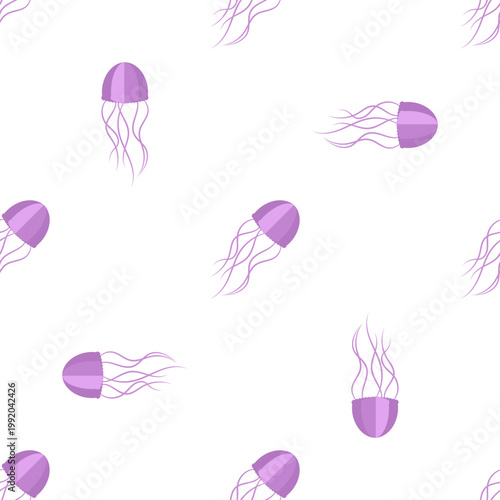 Seamless pattern of purple jellyfish floating in the ocean day on a transparent background