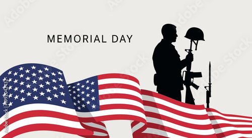 Memorial Day soldier silhouette with US flag and rifle, honoring fallen heroes