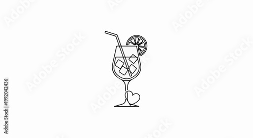 Outline of a cocktail with ice cubes, straw, lemon slice, and a heart