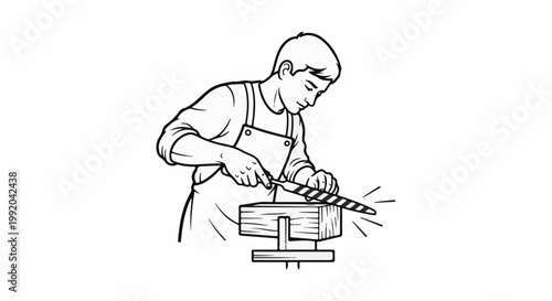 Person wearing apron uses rasp on wood block