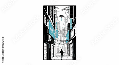 Person walks down a narrow, dark alleyway with futuristic signs