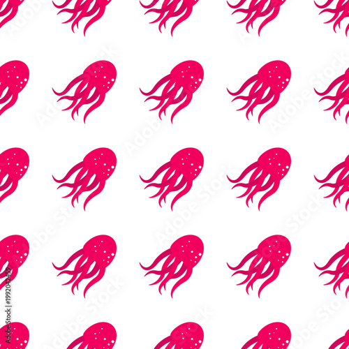 Seamless pattern of bright pink octopuses for ocean day celebrations on a transparent background