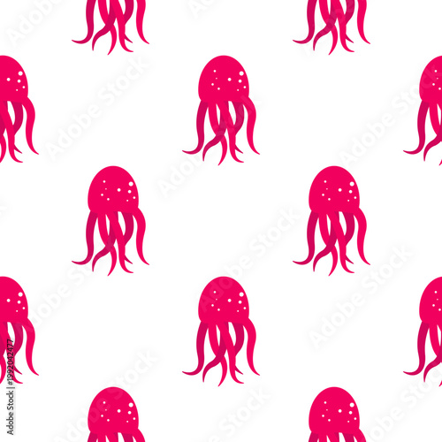 Repeating pattern of pink jellyfish on a transparent background for ocean day themes