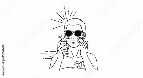 Person wearing sunglasses applying sunscreen to face with spray