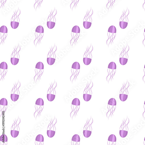 Seamless pattern of gentle purple jellyfish swimming in the ocean day on a transparent background