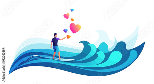 Surfer Riding Wave with Floating Hearts