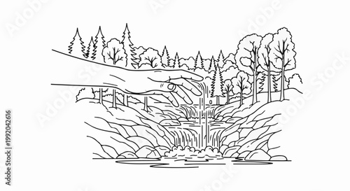 Outline of a hand interacting with a forest waterfall