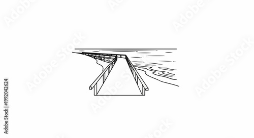 Perspective drawing of a wooden pier extending into rippling water by a sandy shore