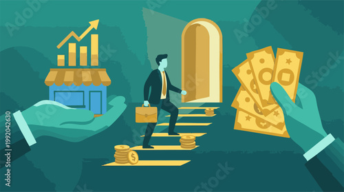 Businessman climbing steps towards financial success and business growth