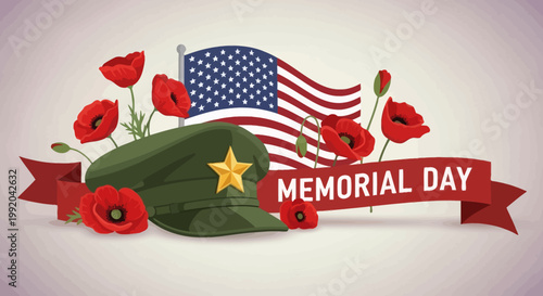 Memorial Day USA: American Flag, Poppies, Military Cap, Red Ribbon Banner