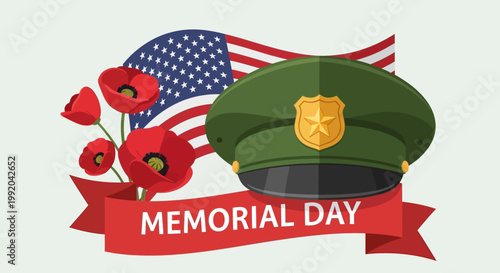 Memorial Day USA: American Flag, Poppies, Military Cap, Red Ribbon Banner
