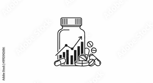 Pharmaceutical growth icon bottle, pills, and upward trending graph