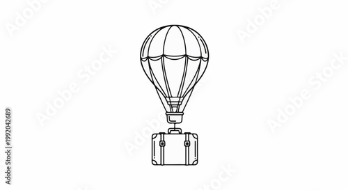 Outline of a hot air balloon lifting a vintage suitcase by its handle