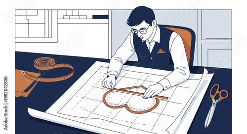 Tailor Designing Garment Pattern with Measuring Tape and Scissors on Desk