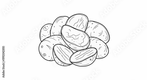 Pile of whole and halved potatoes, hand-drawn outline illustration