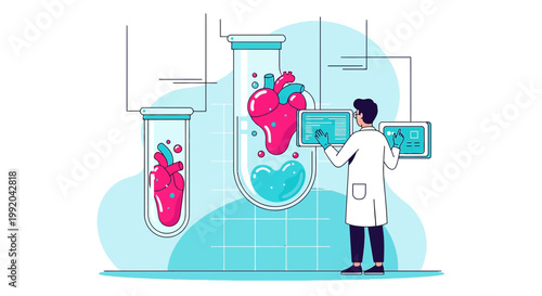 Scientist Researches Heart Health in Laboratory with Test Tubes and Digital Screens