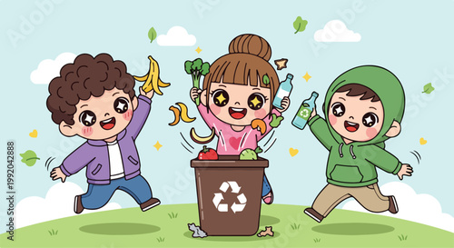Three children happily recycling waste into a recycling bin outdoors on a sunny day with green grass and trees