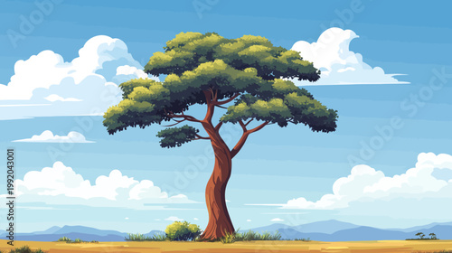 Digital art featuring a solitary tree with a broad, leafy canopy under a partly cloudy blue sky