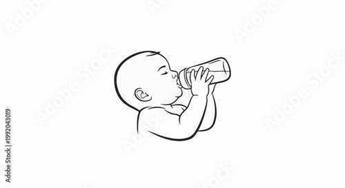 Simple line art of a baby drinking from a bottle, white background