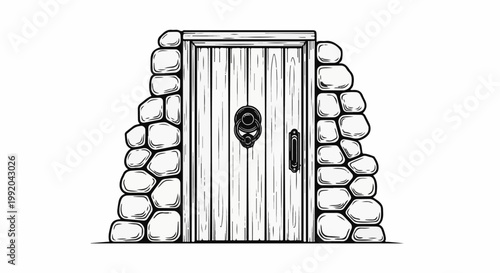 Rustic wooden door with iron knocker set in rough stone walls