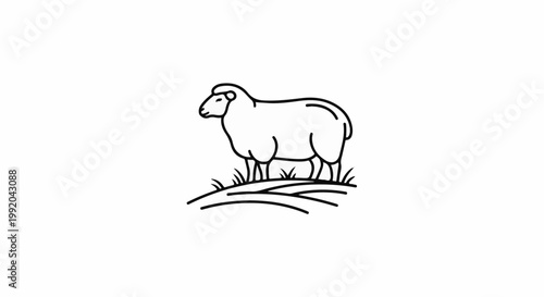 Simple line art of a sheep standing on grassy hill