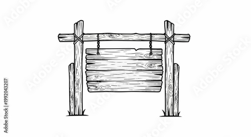 Rustic wooden sign with horizontal planks hanging from chained posts