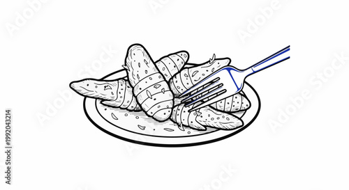 Plate of cooked potato wedges with a fork piercing one
