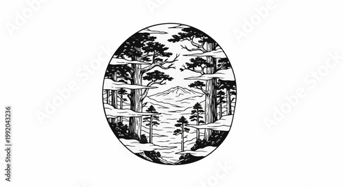Oval frame enclosing a serene landscape with trees, clouds, and a distant mountain