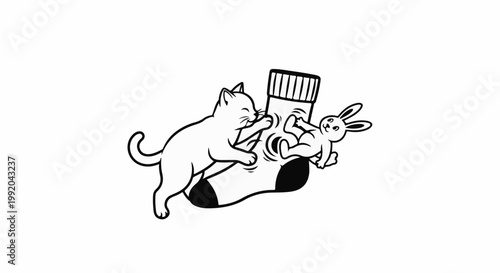 Playful cat and rabbit interact with a striped sock