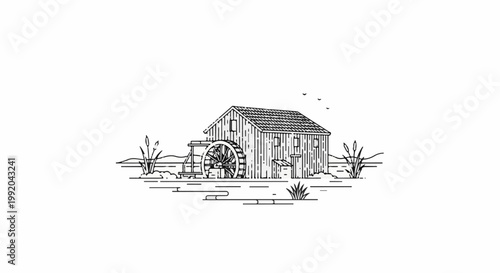 Rustic wooden watermill with spinning wheel by a calm body of water and reeds
