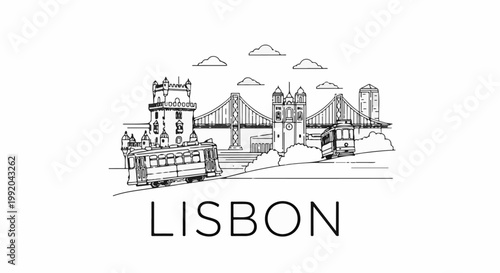 Outline sketch of Lisbon skyline with trams and bridge