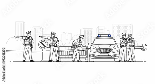 Police officers at a checkpoint with a car, barricade, and city backdrop