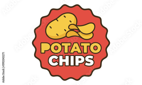 Potato Chips Logo Badge with Mascot Illustration on White