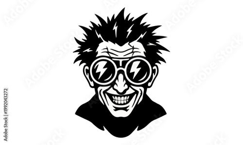 Mad scientist head with goggles and lightning bolts mascot