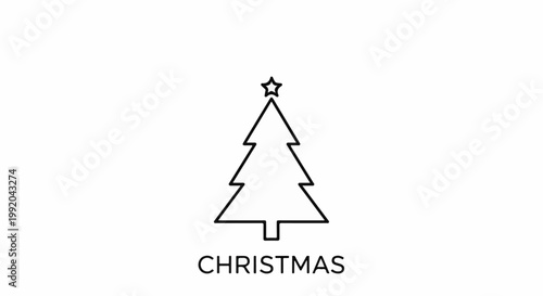 Simple line drawing of a Christmas tree with a star on top, text below