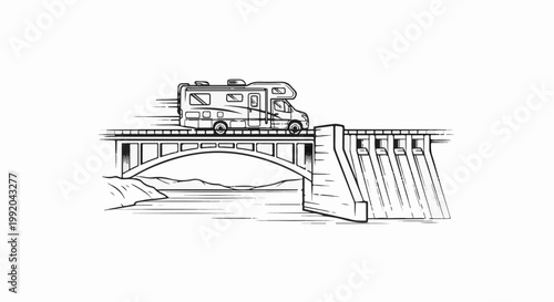 RV crosses a bridge over a river with a dam on the side