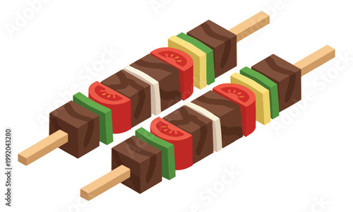 Beef Shish Kebab Skewers with Vegetables Isometric Illustration